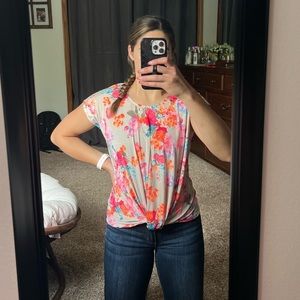 Pulse Boutique Pink and Orange Floral Women’s Front Tie Top